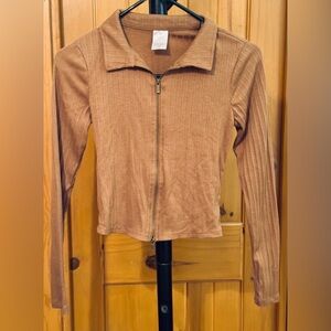 No Boundaries Women's Long Sleeve Collared Neck Zip Up Cropped Shirt Sz XS BROWN